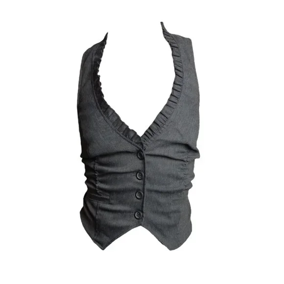 y2k gray ruched ruffle trim plunge v neck cropped vest waistcoat top by love cul - Picture 8 of 8